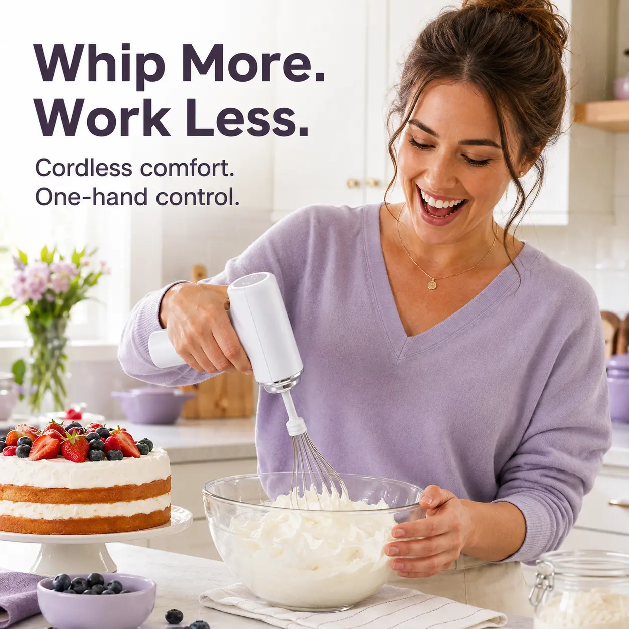Electric Handheld Mixer - A powerful home kitchen mixer suitable for home baking. Features 3 speed settings, USB-C rechargeable, and comes with 2 detachable stainless steel whisks for beating eggs and whipping cream.
