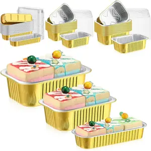 60 Pcs Mini Cake Pans with Lids Gold Aluminum Foil Pans 6.8 oz 16 oz 31.4 oz Cupcake Baking Cups, Rectangle Cupcake Liners Cake Tins for Flan Muffin Dessert Party Favors