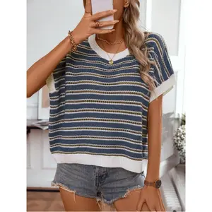 Women's casual commuting knitted striped sleeveless hollow-out round-neck loose vest, simple retro cream yellow basic style, suitable for summer back-to-school and autumn wear (pattern random)