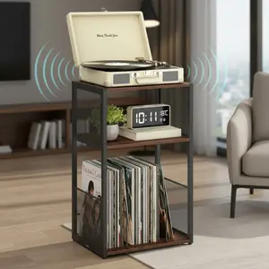3 Tier Record Player Stand, Turntable Stand with Vinyl Storage, Small Side Table Nightstand, Wood Metal Record Holder for Bedroom Living Room