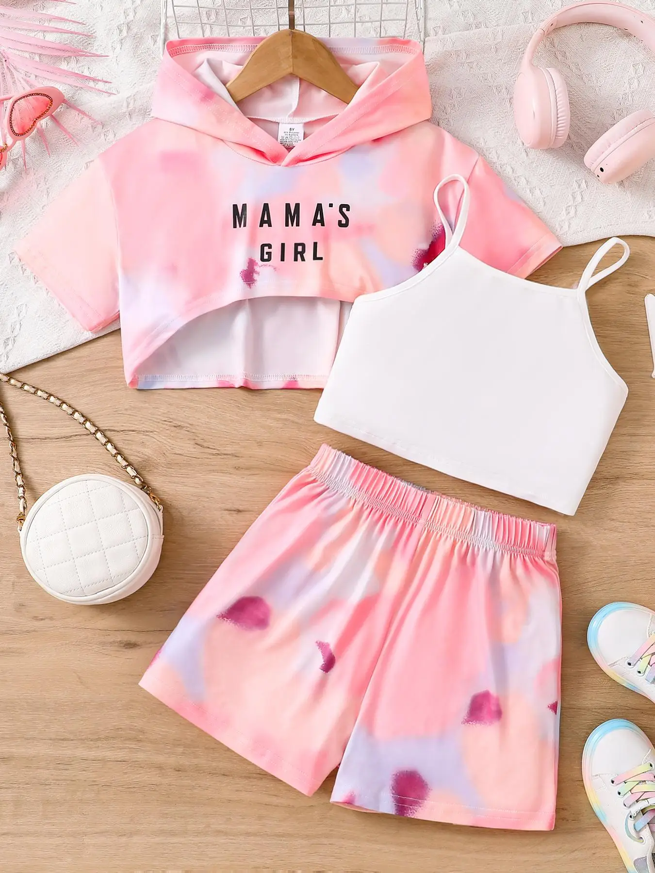 Girl's Letter Print Crop Top & Cami Top & Shorts Set, Casual Sleeveless Top & Short Sleeve Top & Elastic Waist Shorts, Summer Clothes for Kids Outdoor