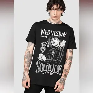 KILLSTAR Wednesday Solitude Suits Me Tshirt, Unisex Fit, Black Color, Officially Licensed Wednesday Apparel