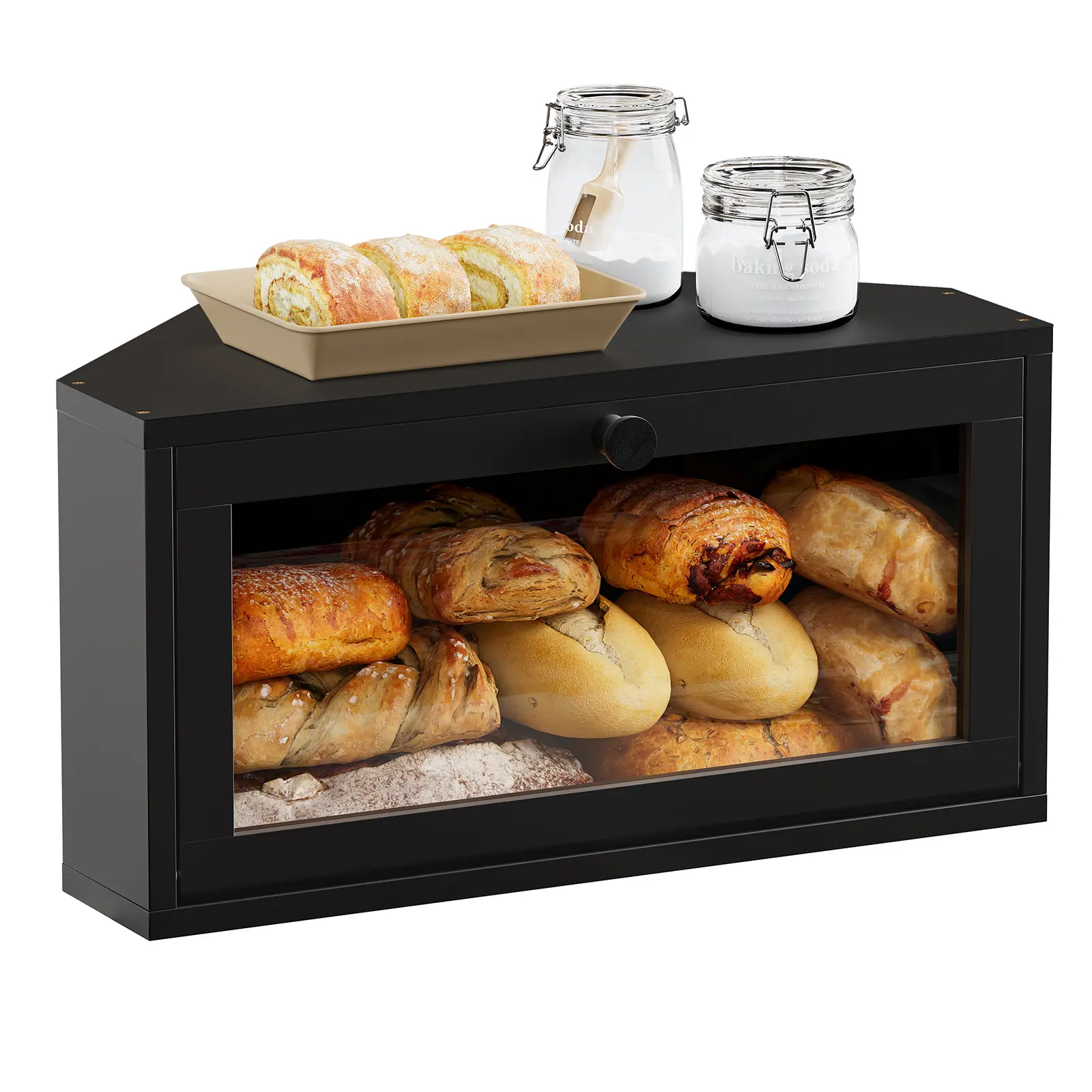 Corner Bread Box for Kitchen Countertop, Large Bamboo Bread Storage Box with Magnetic Door for Bread, Snacks & Fruit