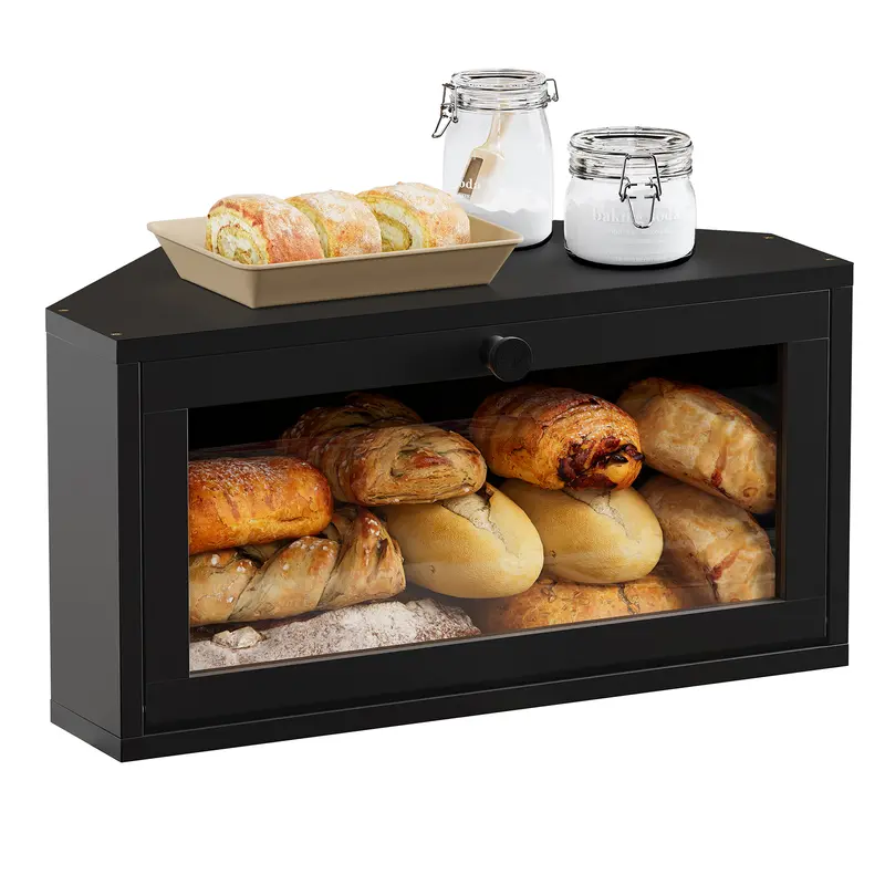 Large Bamboo Corner Bread Container - Lidded High-Capacity Non-Aluminum Kitchen Storage Organizer with Magnetic Door for Home Bread, Snack Cake Food Storage