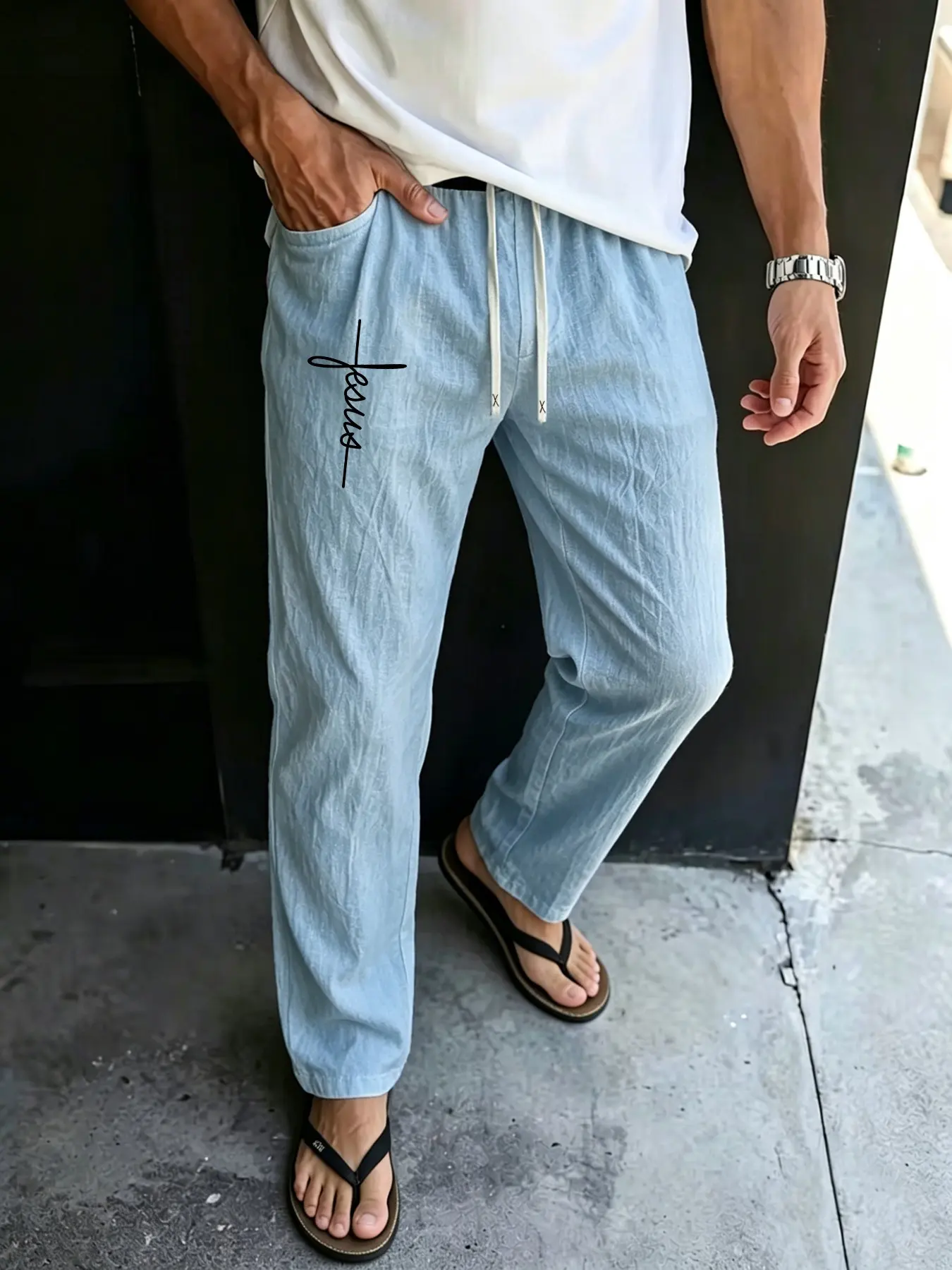 Men's Linen Jesus Print Casual Pants, Street Style Loose Fit Drawstring, Breathable Texture, Summer, Vacation, Daily Wear