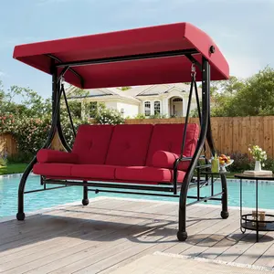 Outdoor porch swing with adjustable canopy, 3-seat patio swing chair with stand, heavy-duty outdoor swing (800 lbs) for adults with cup holder tray, cushion and pillows, patio swings with canopy for garden