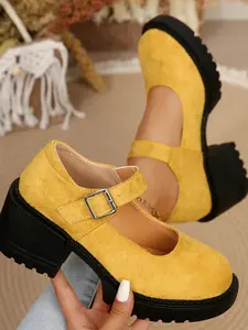 Women's Vintage Velvet Mary Jane Shoes, Buckle Strap, Chunky Thick Sole, Spring & Fall Fashion, Height Increasing Single Shoe