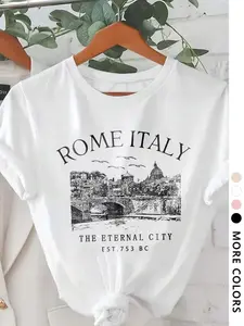 Women's Rome Italy Letter Print Round Neck Tee, Vintage Trendy Casual Short Sleeve T-shirt for Daily Wear, Ladies Summer Outfit, Top