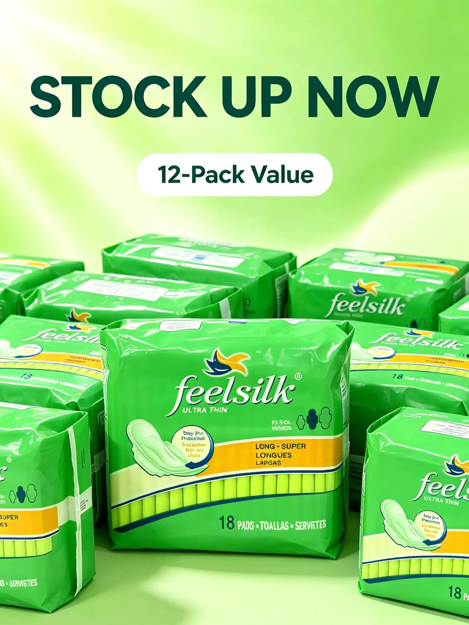 Feelsilk Ultra Thin Disposable Sanitary Pads with Flexi-Wings, Long for Super Heavy Flow, 18 Pads Per Pack, Women's Feminine Care Product