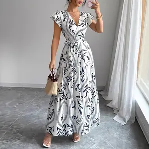 Women’s Summer Printed Ruffle V-Neck Slim-Fit Long Formal Dress - Elegant, Versatile, Sexy Casual Gown