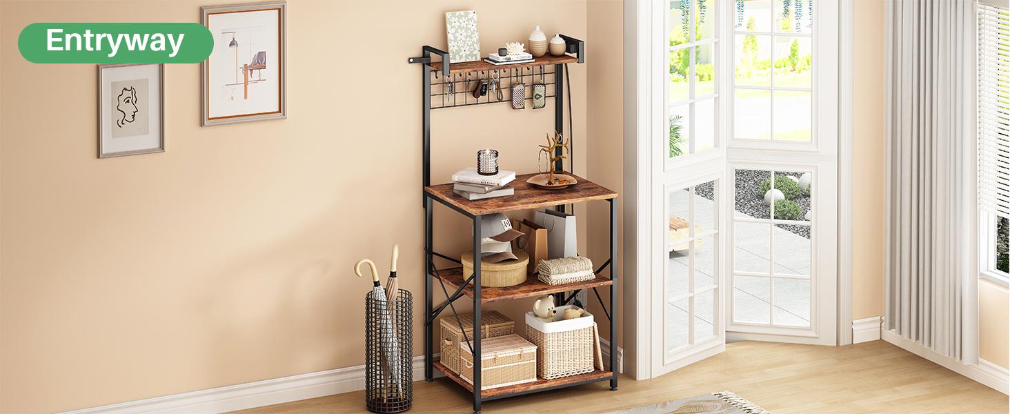 SNTD Bakers Rack with Power Outlet, Kitchen Shelves Microwave Stand with Wire Grid and 10 Hooks, 4 Tiers Coffee Stand