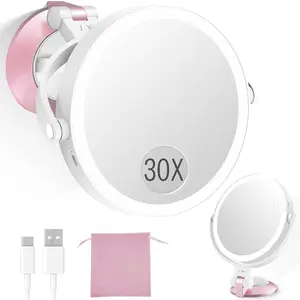 30X/1X Wall Mounted Magnifying Makeup Mirror with Power Suction Cup, Rechargeable Double Sided Regular HD/Magnification 3 Color Modes Adjustable Brightness Mirror with Lights for Bathroom, Travel