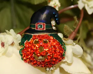 3D Rhinestone Halloween Orange Pumpkin Witch Hat Enamel Pin Brooch