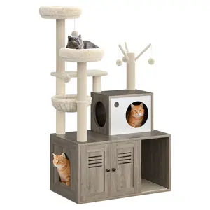 Modern Wooden Cat Tree with Hidden Litter Box Cabinet – Multi-Level Cat Condo Featuring Scratching Posts, Teaser Sticks, Basket & Perches – Stylish Indoor Cat Furniture for Cats
