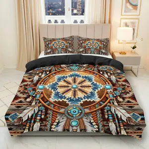3PCS Duvet Cover Set, 1 Duvet+2 Pillowcases(Without filler), Dreamcatcher Tribal Boho Native American Artistic theme, Thanksgiving bedding set, Ethnic Design Suitable for decoration bedroom living room guest room dormitory.