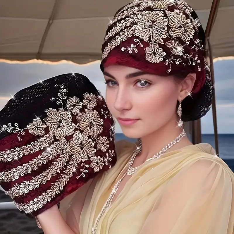 1pc Elegant Embroidered Floral Lace Headscarf for Women - Breathable, Elastic with Drawstring Closure, Perfect for All Seasons, Ideal for Ramadan Cele