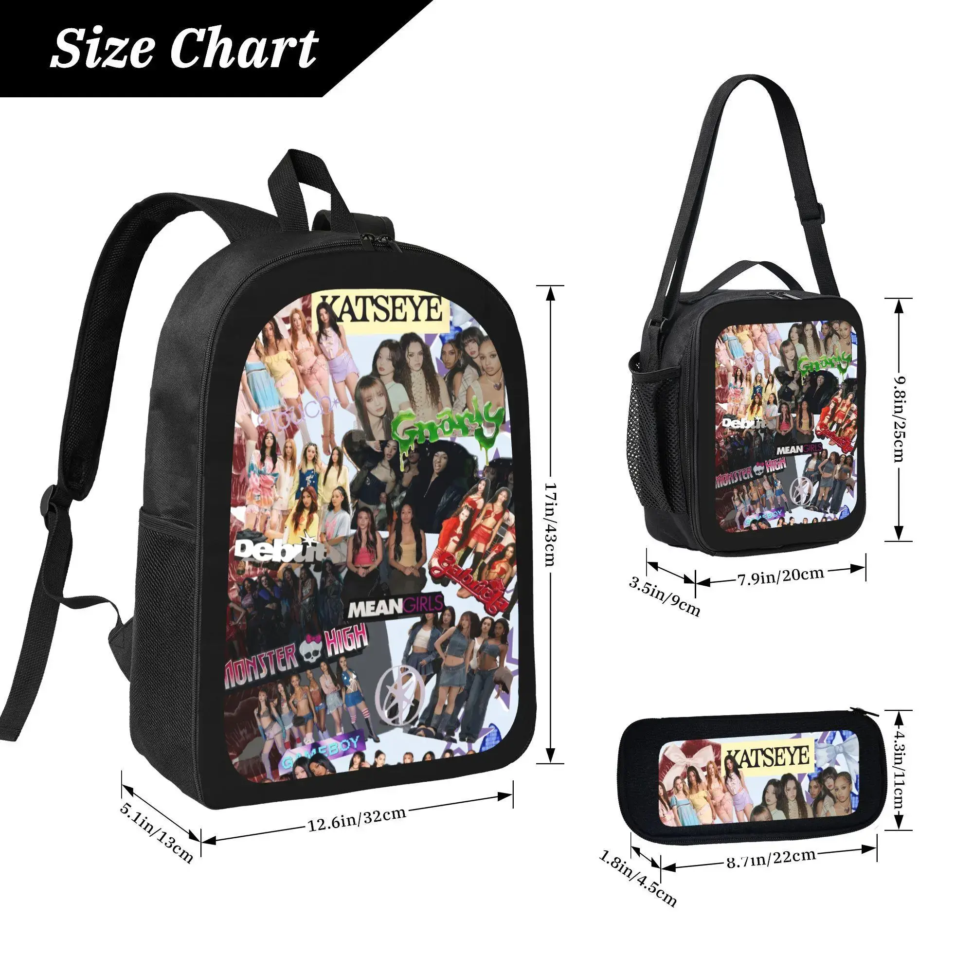 KATSEYE Retro Collage 3-Piece Textile Accessory Set - Black Y2K Style Backpack, Pencil Case, Lunch Bag - Fashionable Trend-Setting