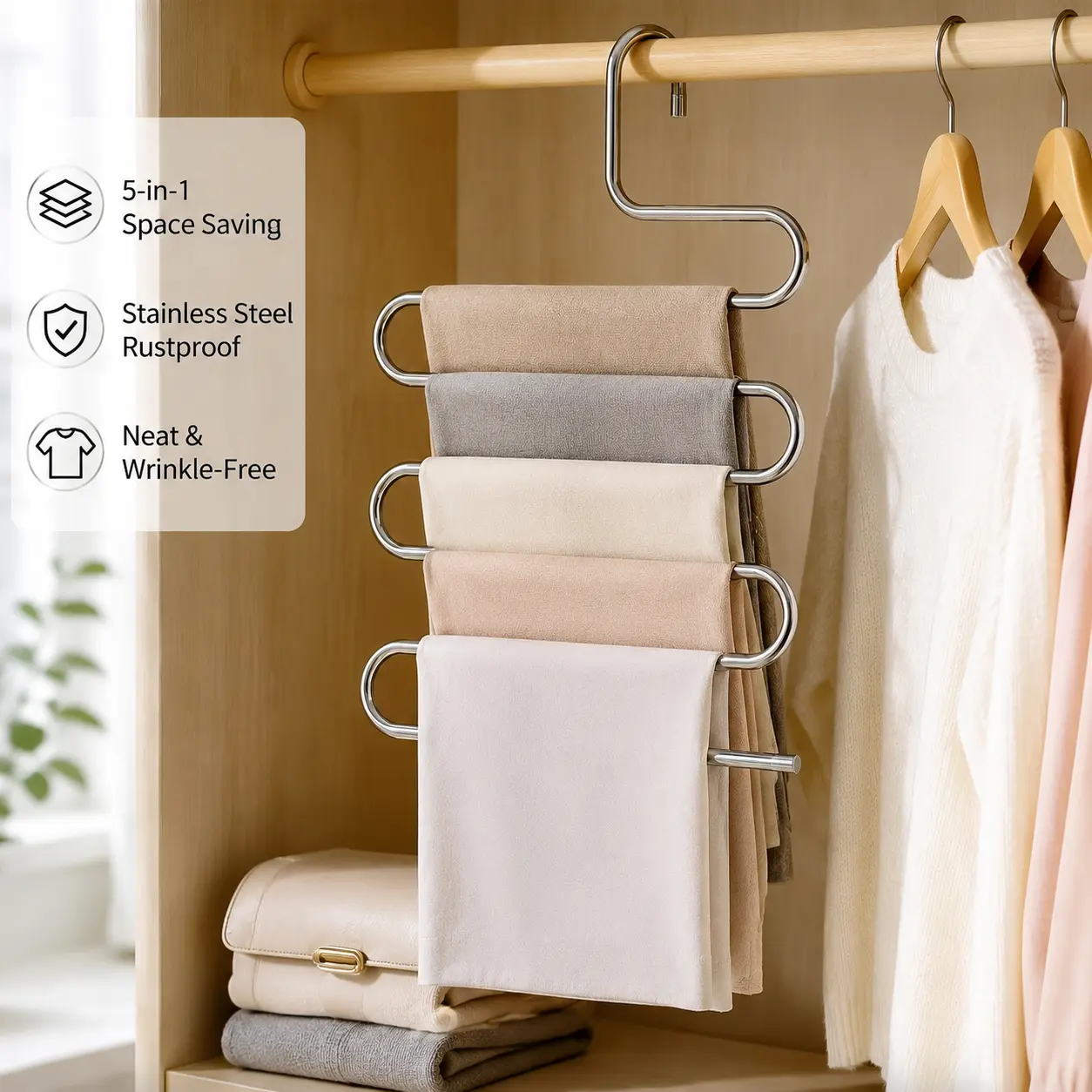 1 Piece Stainless Steel S-Type Multi-Layer Pants Hanger - Smooth, Fitting, Universal Mount, Wall Mount, Space-Saving Wardrobe Organizer for Trousers, Scarves, Ties (1 Size)