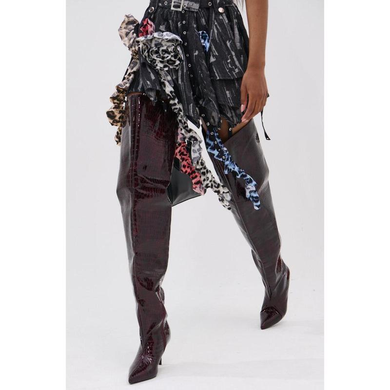 AZALEA WANG HALINA BURGUNDY CROC STILETTO BOOT