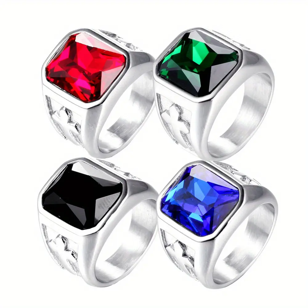 Men's 1pc Square Stainless Steel Stackable Ring - Light Luxury Classic Design, Multi-Colored Synthetic Zircon Cross Accent, Casual Commute Fashion Accessory Rings, Stackable Rings, Classic Rings