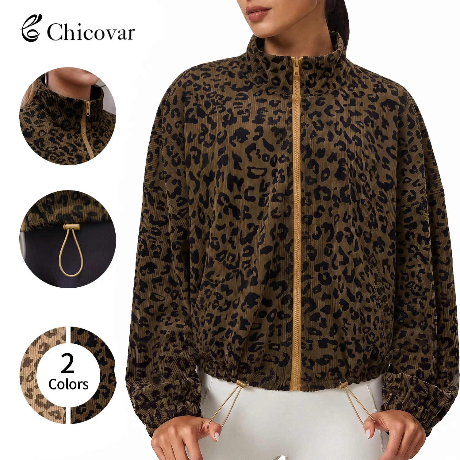 Chicovar Women's Leopard Print Corduroy Jacket, Oversized Cropped Zip Up Jacket with Stand Collar, Drawstring Hem, Puff Sleeve Vintage Sweatshirt for Casual Streetwear, Y2K, School, Fall Winter Outfit,Sohochic