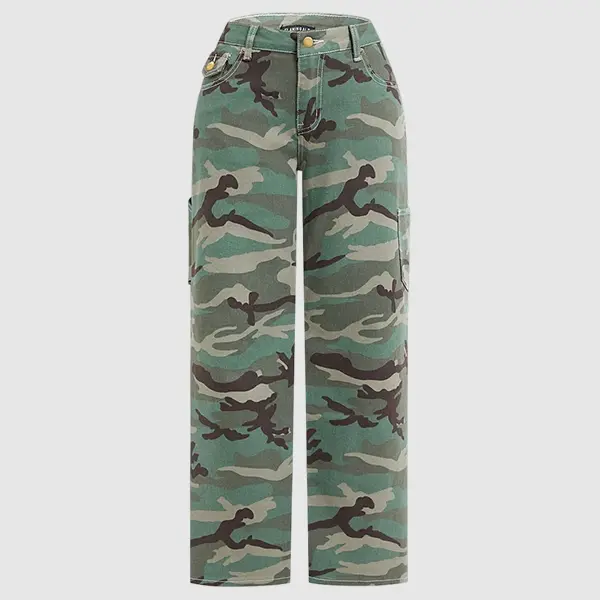 Flamingals Stretchy Camo Print Mid Rise Straight Leg Pants