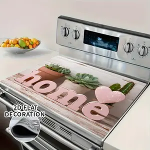 1 piece of decorative stove cover, pink "HOME" lettering, succulent plant and cactus pattern, heart-shaped hollow design - diatomaceous earth lined gas/electric stove protective cover, for any kitchen stove, 2D flat oven mat, Modern Kitchen Accessories
