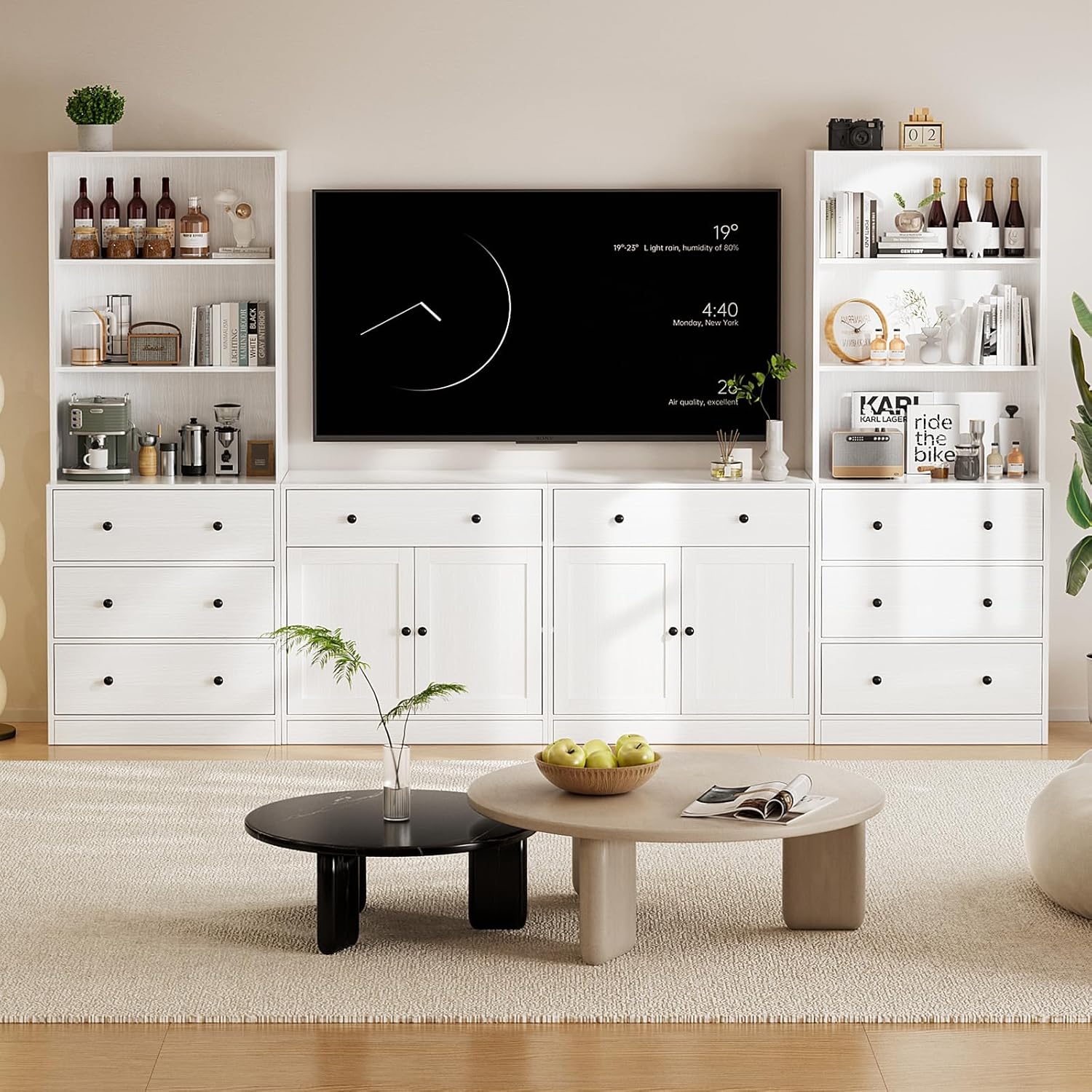 4-Piece Large TV Stand with Bookshelves for TVs up to 75", TV Entertainment Center Media Center with Tempered Glass Doors and Sh