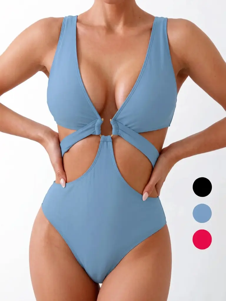 Luna&Lace Women's Solid Color Deep V-Cut Tight-Fitting 1-Piece Bathing Suit - Stylish Seaside Swimwear