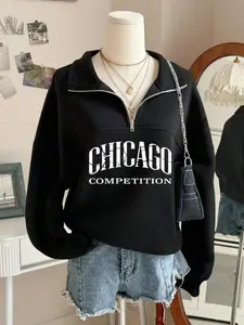 Women's Chicago Letter Print Half-Zip Loose Fit Sweatshirt, Casual Fall & Winter Fashion, Light, Comfortable Daily Wear