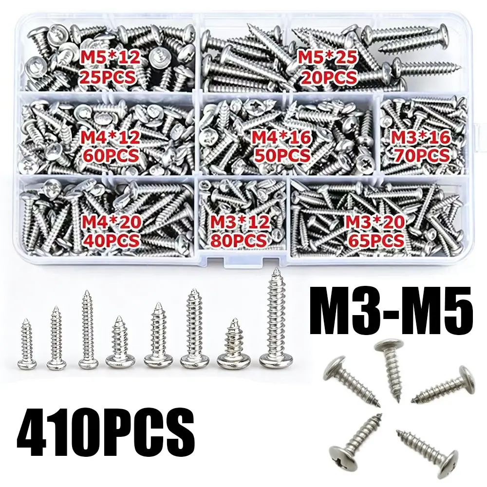 410-Piece Stainless Steel Self-Tapping Screw Set (m3 M4 M5), Durable Hardware Kit for DIY Projects, Essential Tools for Home Improvement, Stainless Steel Screws