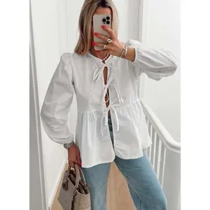 White Long Sleeve Tie Front Blouse