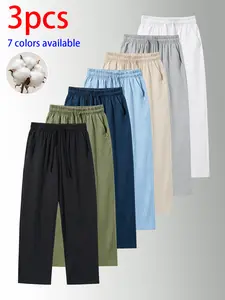 3-pack men’s pure cotton long pants: loose straight casual pants, sweatpants/joggers, featuring a drawstring waistband design. Available in multiple colors. Suitable for home lounging, daily commuting, outdoor walks, short trips, camping—versatile casual