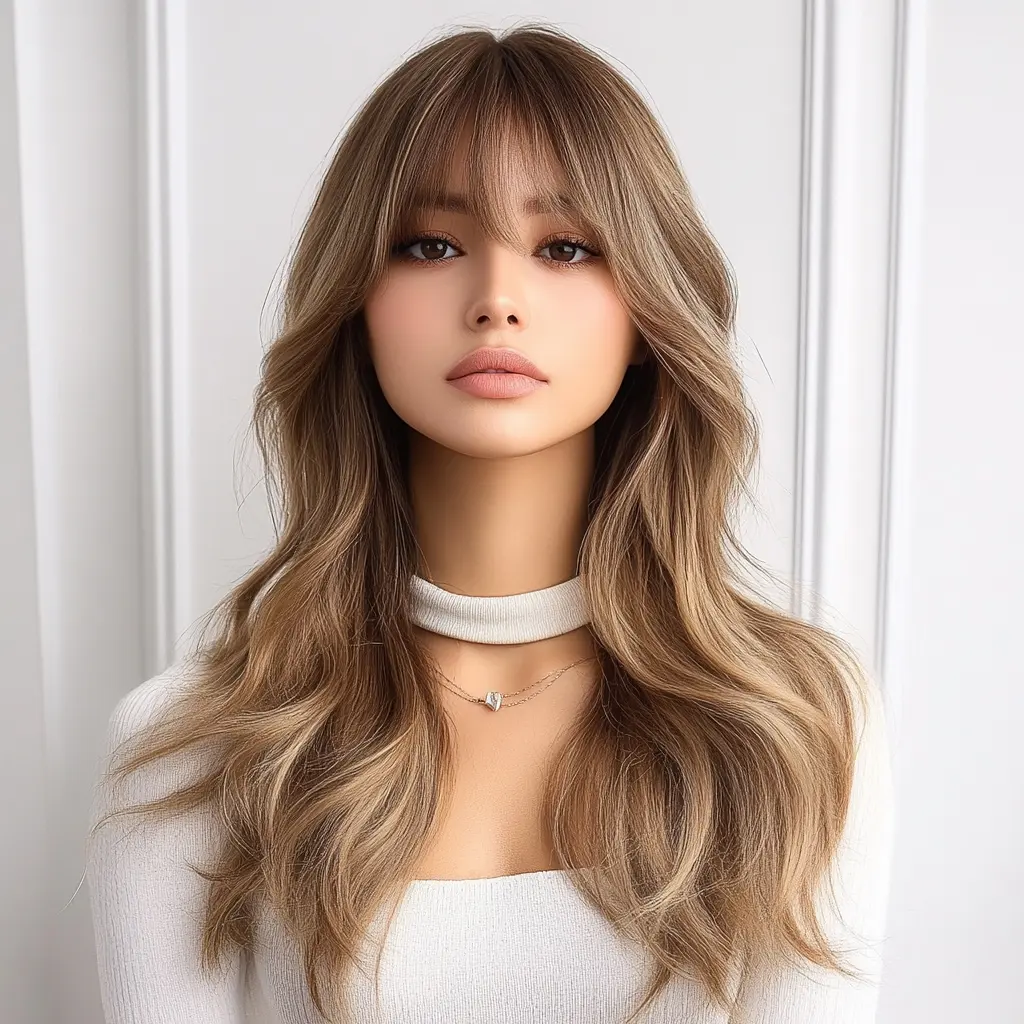SMILCO/ Linen Gold Long Curly  Wig with  Air Bangs 20 inches Synthetic Lace Wig /SM6088