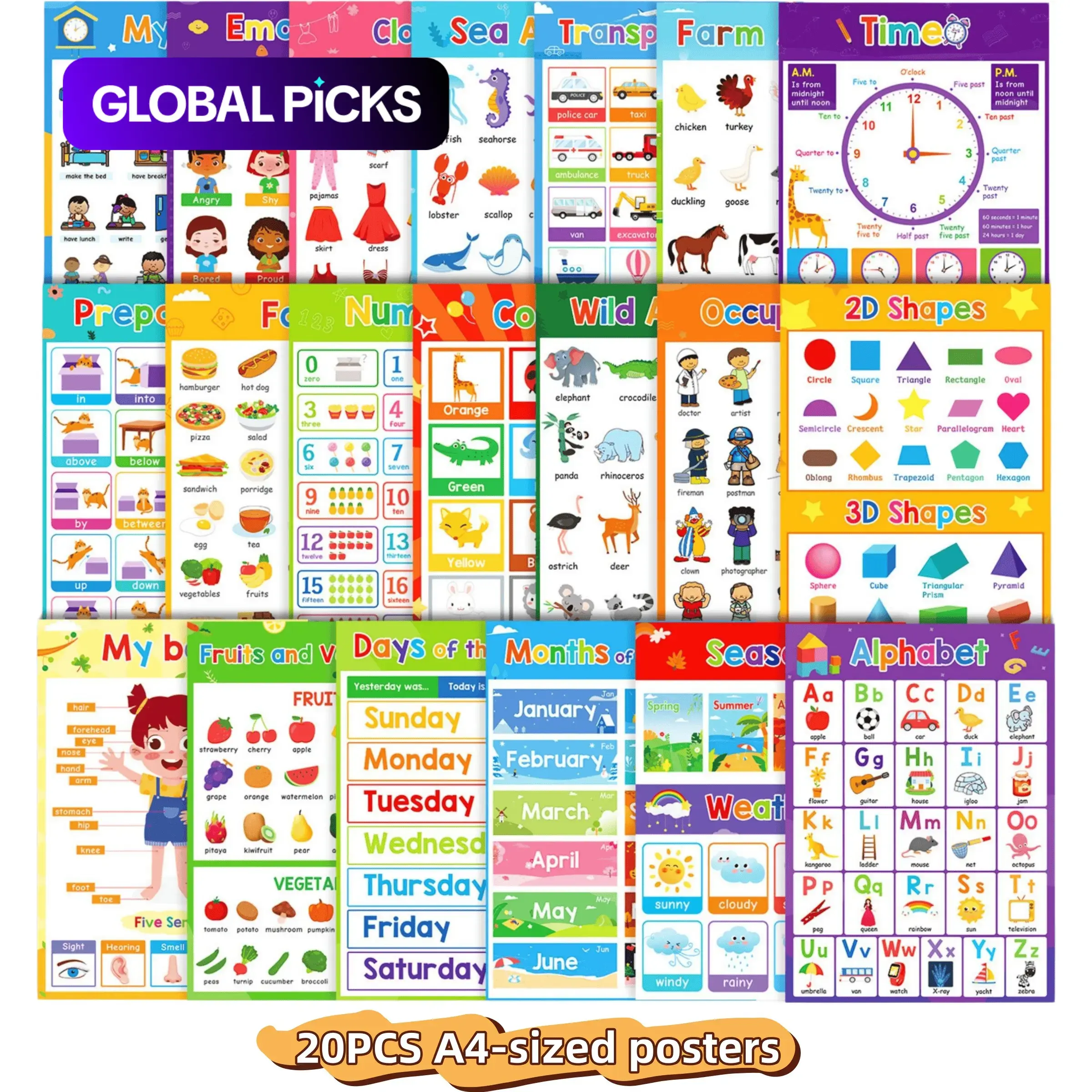 Educational Wall Poster Set for Kids, 20pcs/set Learning Posters Covering Time, Fruits, Colors, Animals & Body Parts, Classroom & Home Decor, Homeschool Supplies, Visual Learning Tools #GLOBAL PICKS