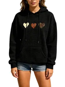 Hoodies Sweatshirt for Women Heart & Patchwork Print Graphic Sweatshirts Waffle Long Sleeve Loose Fit Sweaters Drawstring Hooded Neck Casual Pullover Tops
