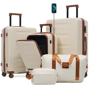 Luggage Sets 5 Piece,Front Open Hardshell Expandable Suitcase with Spinner Wheels and Duffel Bags,Lightweight Carry on Luggage with USB Port and TSA Locks, 20/24/28IN,White and Brown