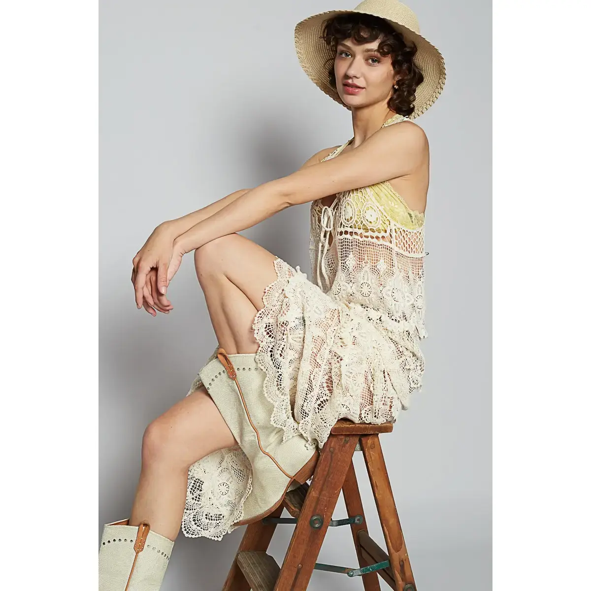 POL Tiered V-Neck Crochet Dress - One Size Fits Most