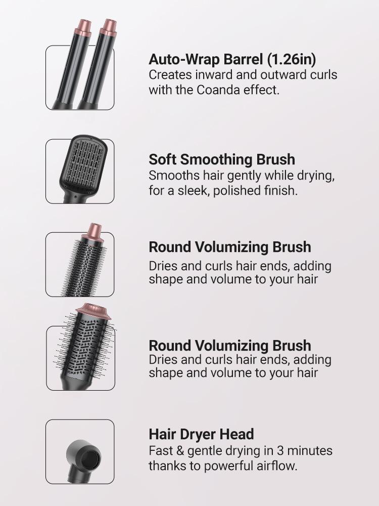 6-in-1 Hot Air Comb - Multi-Function Hair Styling Tool with Automatic Hair Suction, Curling, High-Speed Brushless Motor, Plasma Technology, Straightening for Men & Women, Family Use, Holiday Gift Option Smooth