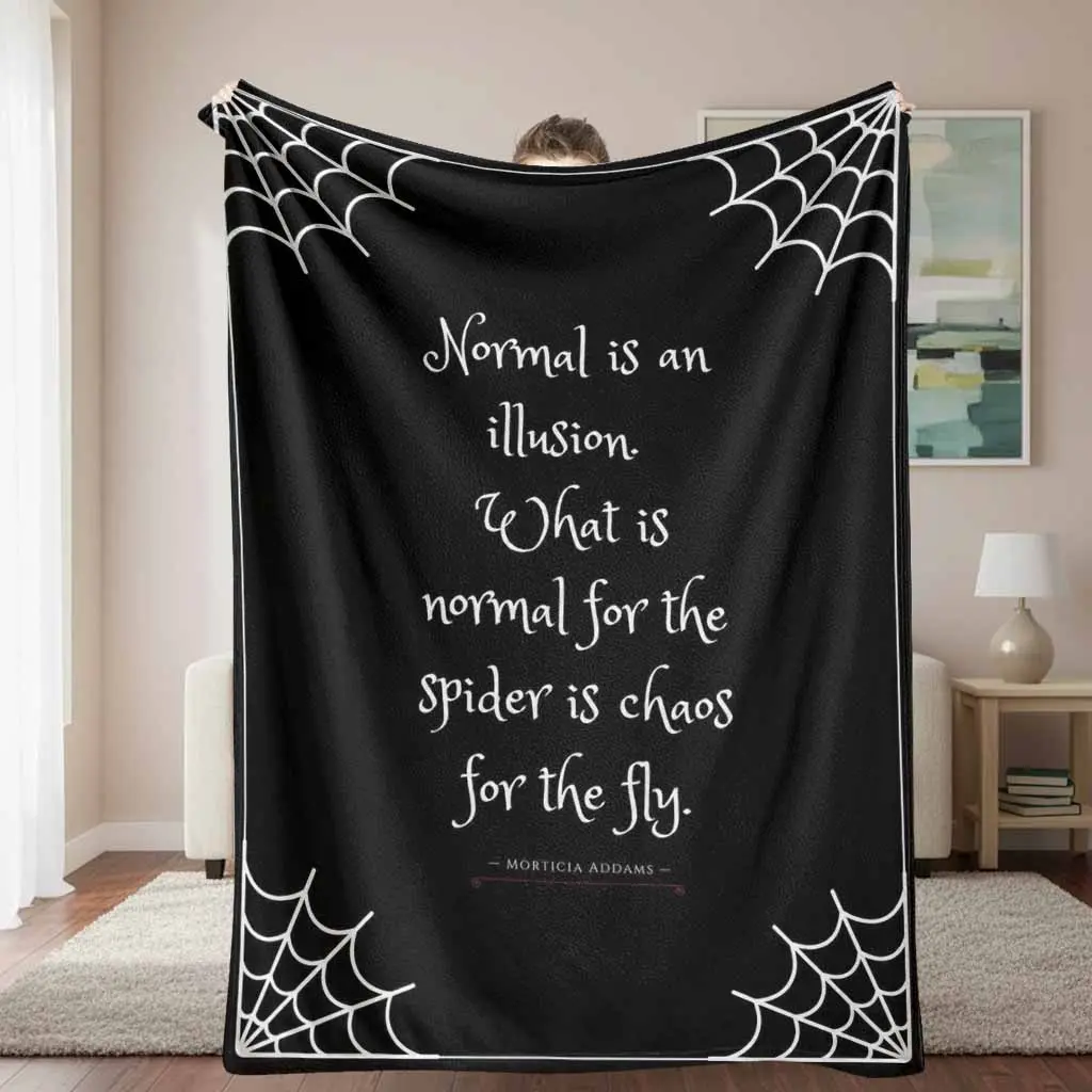 Gothic Spider Web Print Flannel Blanket with "Normal Is An Illusion" Quote, Wrinkle Resistant, Breathable, Soft Cozy Lightweight Warm, Multi-Size Home & Office Throw Blanket for Couch Sofa Bed, Halloween Gift