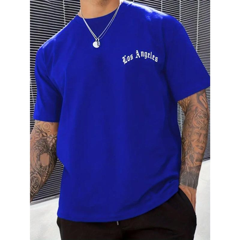 Men's Los Angeles Graphic T-Shirt - 100% Cotton, Royal Blue Crew Neck Tee with Front Print, Short Sleeve, Breathable & Stretchy for Summer Outdoor Activities, Fitness, Sports, and Daily Wear, Outdoor Tshirt | Casual Style | Stretchy Fabric