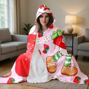 Vintage Strawberry Doll Cat Hooded Flannel Blanket, Wearable Plush Hoodie, Ultra Soft Comfort Warm, Soft Comfy Blanket, Decorative Bedroom Blanket, Perfect for Home Leisure, TV, Reading, Gaming, Travel, Office Study, Nap, Ideal Gift