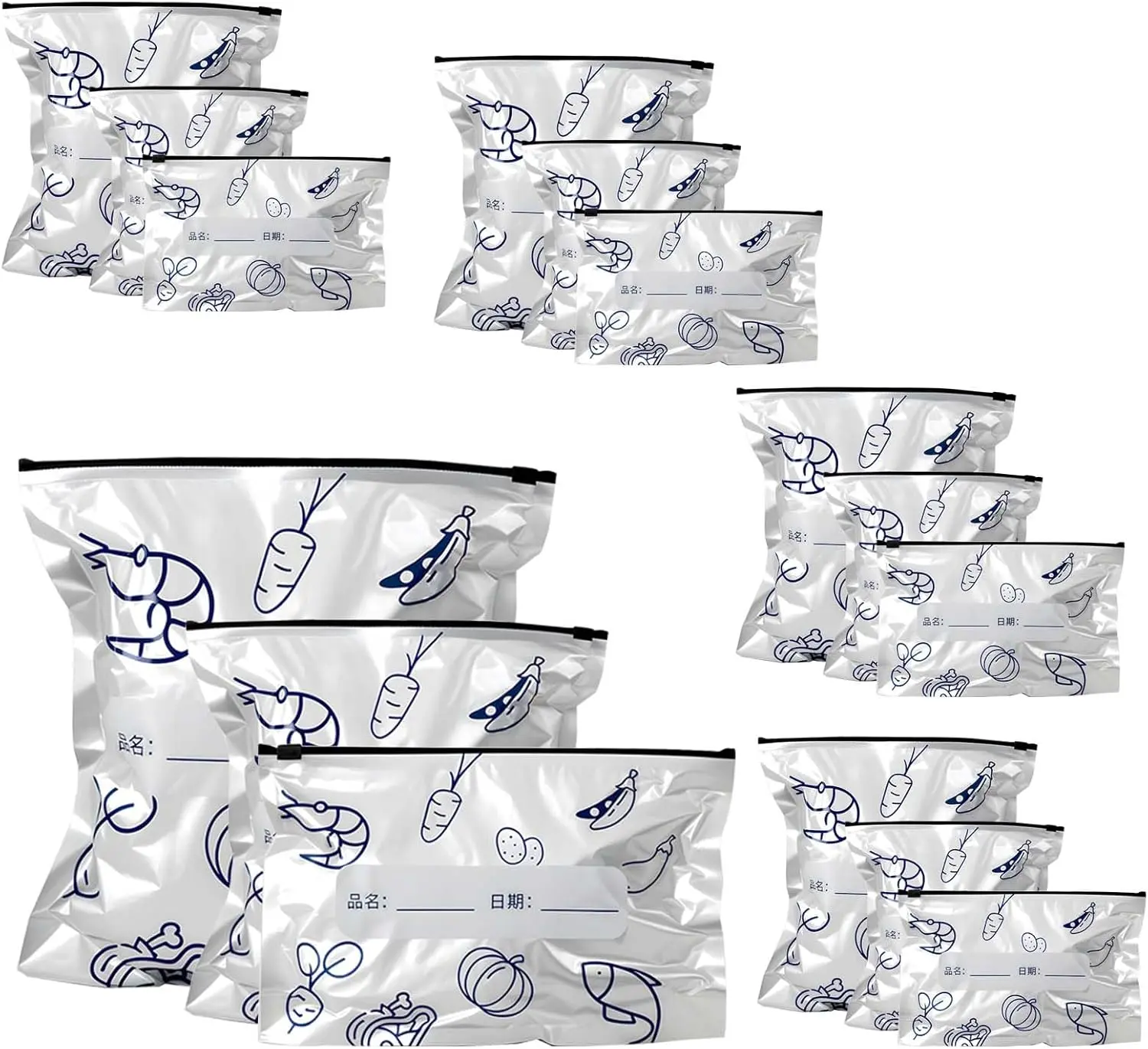 Reusable Aluminum Foil Sealable Storage Bags - Freezer Bags, Resealable Stand Up Pouches for Fresh Keeping, with Label, Zip Lock, Suitable for Vegetable, Fruit, Meat, and More,3 Size (15)
