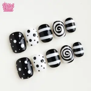 Pop Mix Handmade Press-On Nails | Short Square Shape, 10pcs | Edgy Pop Art Swirl Dots Design | Black White Base & 3D Polka Dot & Stripe & Swirl & High Gloss Accents | Reusable DIY Nail Kit for Women | Trendy Nails for Spring, Summer, Parties & Daily Wear