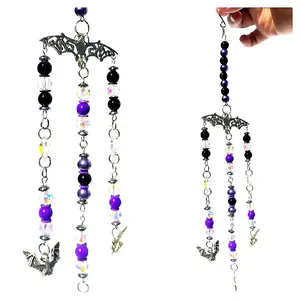 Purple Bat Suncatcher - Decorative Hanging suncatcher with Purple and Black Beads and Crystals