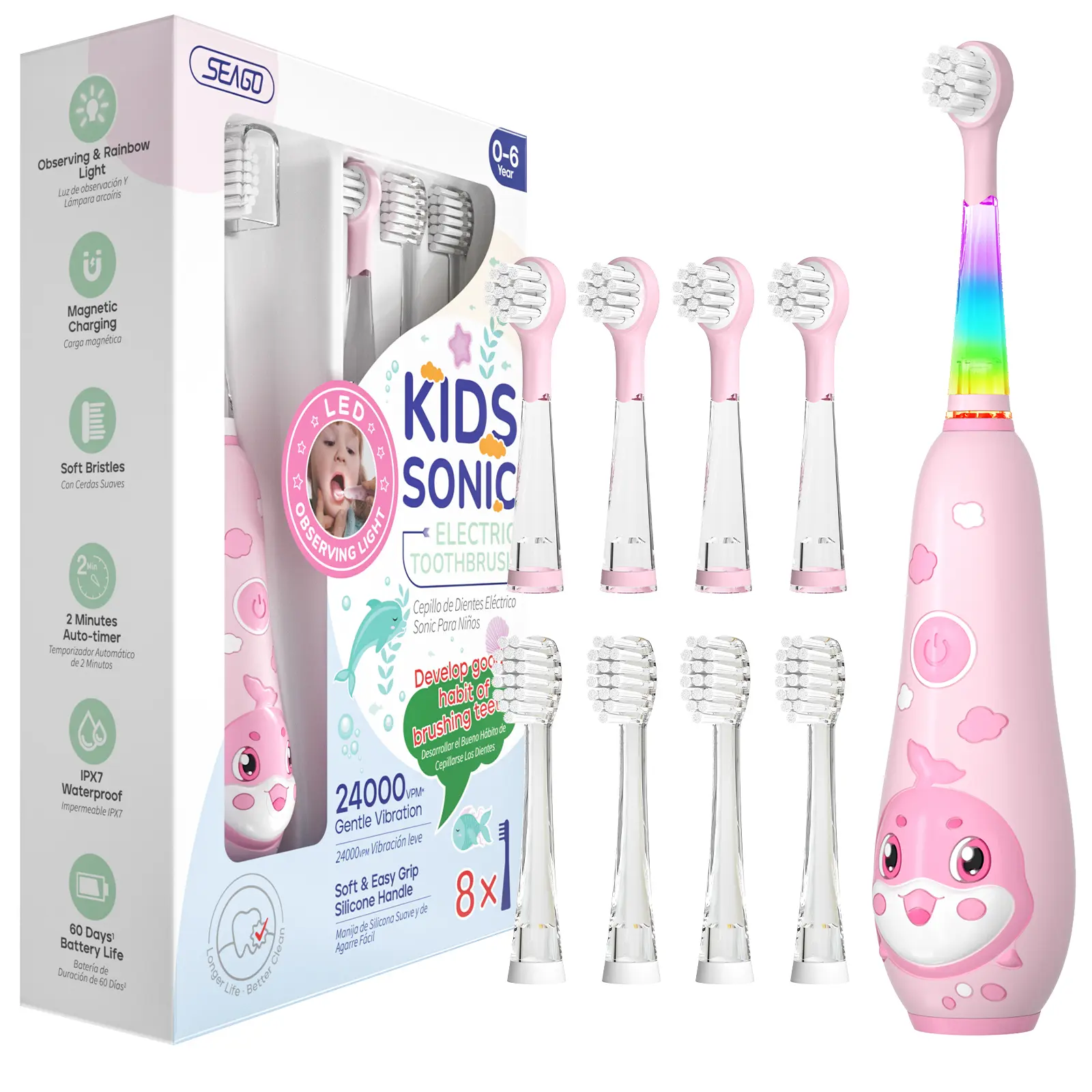 SEAGO Kids Electric Toothbrushes Rechargeable, Toddler Electric Toothbrush with Magnetic Charging, LED Observing Light, 8 Toothbrush Heads for Ages 2-4 -6 Boys Girls (Blue)