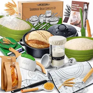 Sourdough Starter Kit for Beginners, 34 oz Starter Jar with Marking, 2 Proofing Baskets, Complete Bread Baking Kit with Guide & Recipes, Easy to Use & - Green