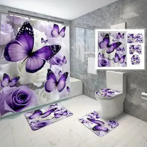 4pcs purple butterfly rose pattern, exquisite shower curtain set includes non-slip floor mat, U-shaped carpet, toilet cover, perfect for bathroom decoration, partition, beautify the space, 12 shower curtain hooks are given