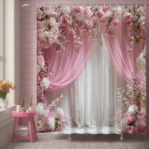 1/4pcs  Valentine Series Rose Shower Curtain Set, Non-Slip Mat, U-Shaped Rug, Toilet Lid Cover, Bathroom Decoration Accessories, Includes 12 Hooks, Home Goods