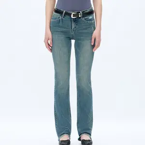 ONESO Women's High Waisted Leg Lengthening Acid Wash Flared Cut Jeans, Ripped Denim with Strategic Cutouts, Stretchy Slim Fit Snow Wash Bottoms, Casual All Seasons Pants